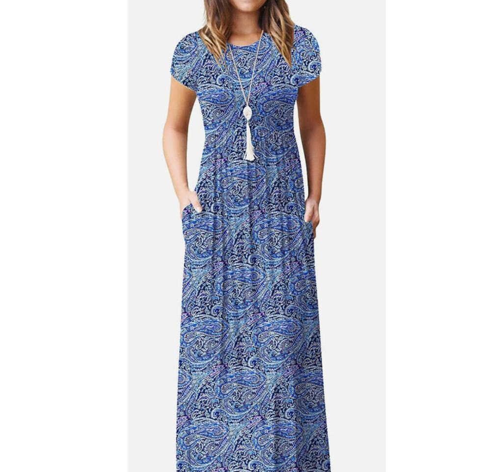 Grecerelle Blue Paisley Maxi Midi Dress S Small Short Sleeve Stretchy Pockets